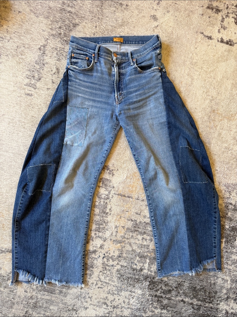 Upcycled Reworked MOTHER Superior 2 Tone Denim Barrels w Bronze Details sz 27
